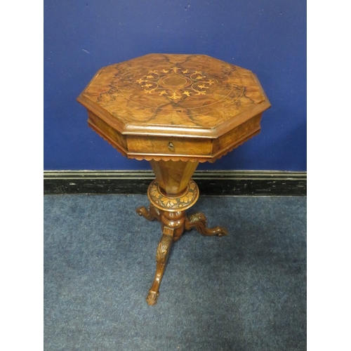 1175 - A VICTORIAN WALNUT TRUMPET SHAPED WORK TABLE, the hinged octagonal lid with satinwood inlaid detail,... 