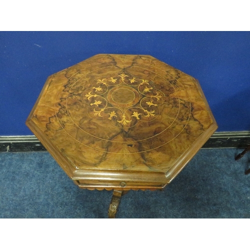 1175 - A VICTORIAN WALNUT TRUMPET SHAPED WORK TABLE, the hinged octagonal lid with satinwood inlaid detail,... 