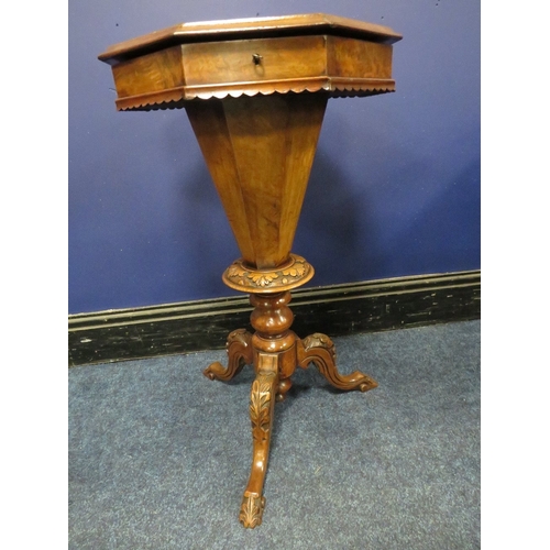 1175 - A VICTORIAN WALNUT TRUMPET SHAPED WORK TABLE, the hinged octagonal lid with satinwood inlaid detail,... 