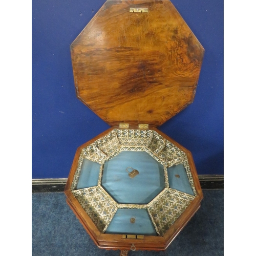 1175 - A VICTORIAN WALNUT TRUMPET SHAPED WORK TABLE, the hinged octagonal lid with satinwood inlaid detail,... 