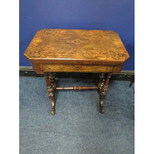 1176 - A VICTORIAN WALNUT INLAID WORK / GAMES TABLE, the hinged lid opening to an inlaid games board, also ... 