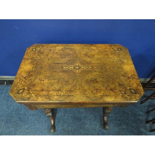 1176 - A VICTORIAN WALNUT INLAID WORK / GAMES TABLE, the hinged lid opening to an inlaid games board, also ... 