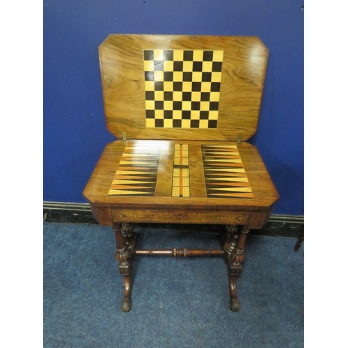 1176 - A VICTORIAN WALNUT INLAID WORK / GAMES TABLE, the hinged lid opening to an inlaid games board, also ... 