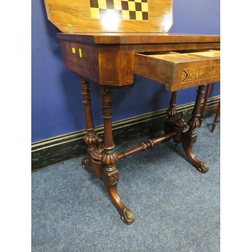 1176 - A VICTORIAN WALNUT INLAID WORK / GAMES TABLE, the hinged lid opening to an inlaid games board, also ... 