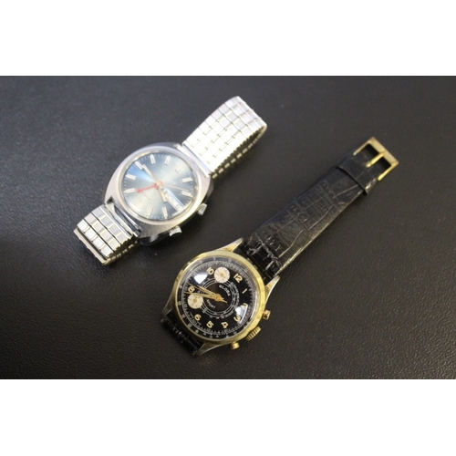 726 - A GLOBA MULTI DIAL SPORT WATCH, plus a Cheminant 17 jewele alarm watch, both Dia. 3 cm