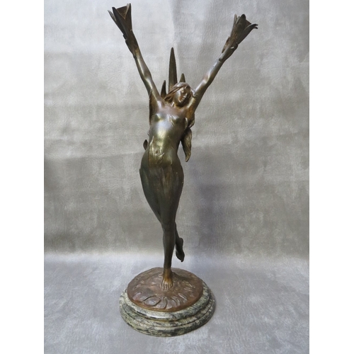 872 - A BRONZE ART NOUVEAU FIGURAL TABLE LAMP BY FIRMIN BATE, the arms outstretched holding cornucopia sha... 