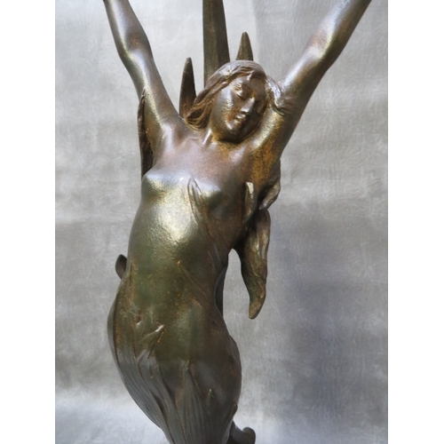 872 - A BRONZE ART NOUVEAU FIGURAL TABLE LAMP BY FIRMIN BATE, the arms outstretched holding cornucopia sha... 