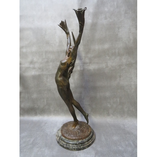 872 - A BRONZE ART NOUVEAU FIGURAL TABLE LAMP BY FIRMIN BATE, the arms outstretched holding cornucopia sha... 