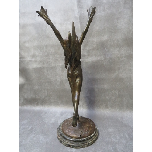 872 - A BRONZE ART NOUVEAU FIGURAL TABLE LAMP BY FIRMIN BATE, the arms outstretched holding cornucopia sha... 