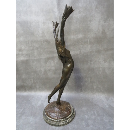 872 - A BRONZE ART NOUVEAU FIGURAL TABLE LAMP BY FIRMIN BATE, the arms outstretched holding cornucopia sha... 