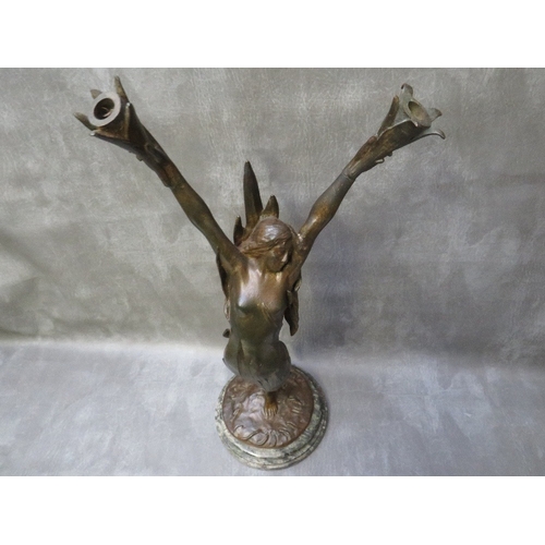 872 - A BRONZE ART NOUVEAU FIGURAL TABLE LAMP BY FIRMIN BATE, the arms outstretched holding cornucopia sha... 