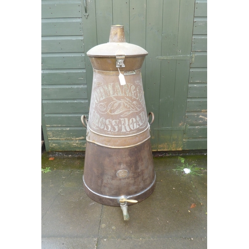 873 - A VICTORIAN BRASS ADVERTISING 17 GALLON MILK CHURN. ENGRAVED TO FRONT- GODMAN & SONS, CROSS ROAD, ma... 