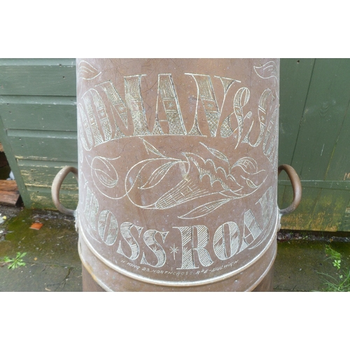 873 - A VICTORIAN BRASS ADVERTISING 17 GALLON MILK CHURN. ENGRAVED TO FRONT- GODMAN & SONS, CROSS ROAD, ma... 