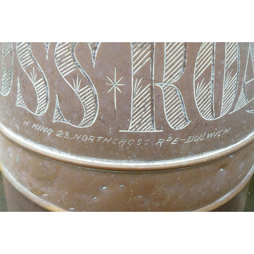 873 - A VICTORIAN BRASS ADVERTISING 17 GALLON MILK CHURN. ENGRAVED TO FRONT- GODMAN & SONS, CROSS ROAD, ma... 