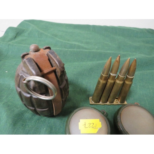 366 - A BRITISH No. 36 MKI GRENADE (INERT), a clip of five inert bullets and 2 WD marked lens