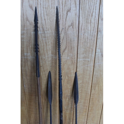 1046 - TWO ANTIQUE 19TH CENTURY SOUTH AFRICAN ZULU TRIBAL ART SPEARS, and two other African barbed fishing ... 