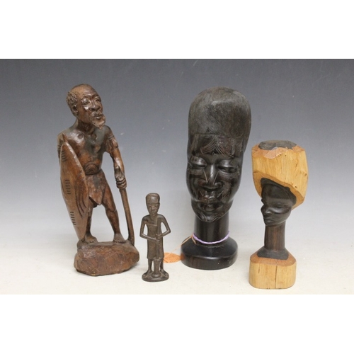 1048 - A HEAVY EARLY EAST ARFICAN MAKONDE TANZANIA EBONY BUST WITH LABEL, another smaller standing Makonde ... 