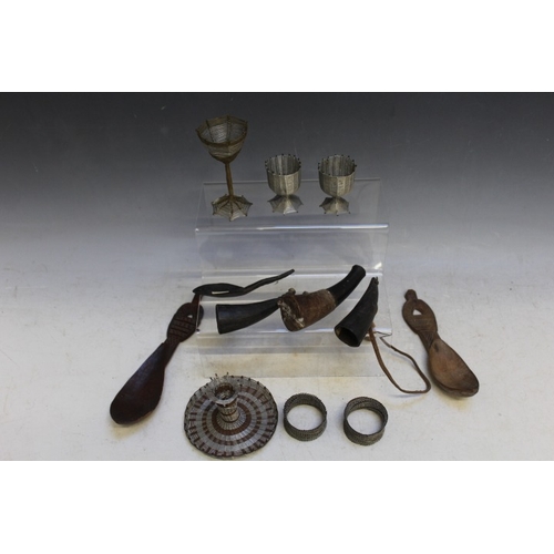 1052 - THREE EAST AFRICAN MASAI SNUFF HORNS, two Sudanese bone spoons, a Native American horn spoon and Sou... 