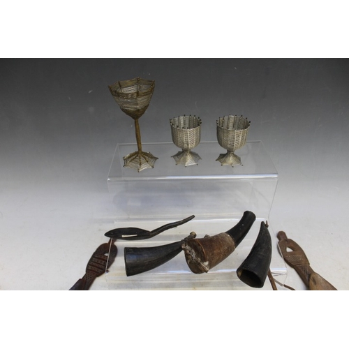 1052 - THREE EAST AFRICAN MASAI SNUFF HORNS, two Sudanese bone spoons, a Native American horn spoon and Sou... 