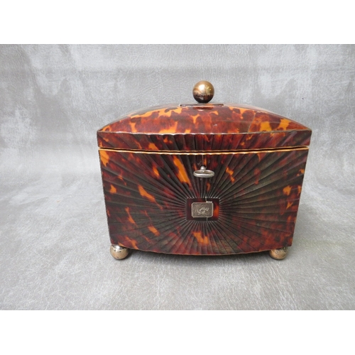 1101 - A GEORGE III BOW-FRONTED TORTOISESHELL TEA CADDY, raised on four bun feet, the hinged lid with circu... 