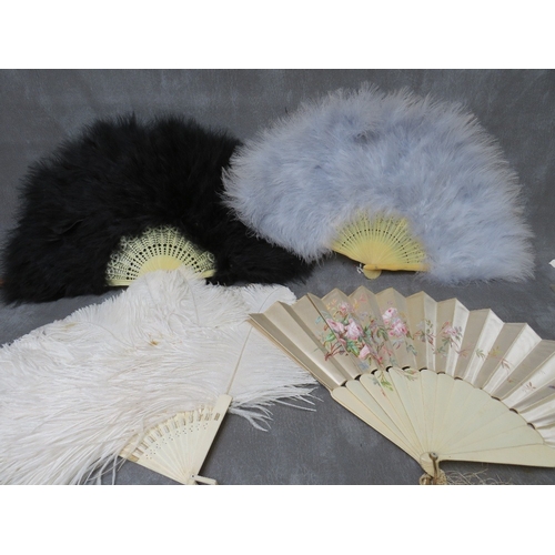 529 - A COLLECTION OF VINTAGE HAND PAINTED AND FEATHER FANS, to include four ebonised hand painted example... 