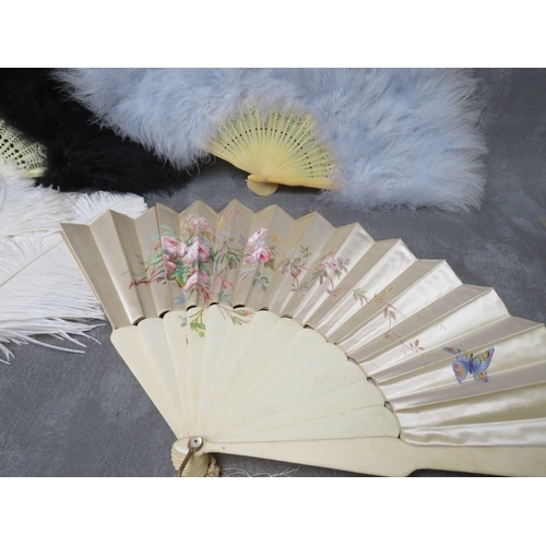 529 - A COLLECTION OF VINTAGE HAND PAINTED AND FEATHER FANS, to include four ebonised hand painted example... 