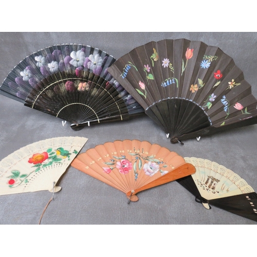 529 - A COLLECTION OF VINTAGE HAND PAINTED AND FEATHER FANS, to include four ebonised hand painted example... 