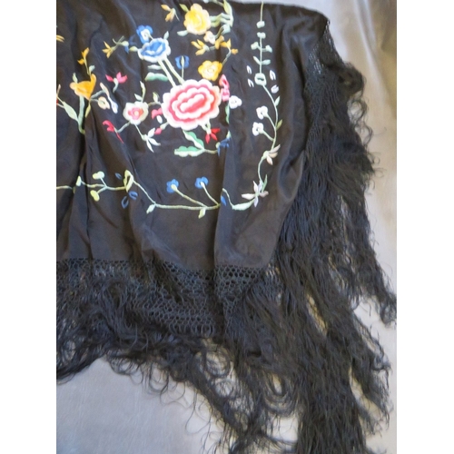 531 - A VINTAGE EMBROIDERED PIANO SHAWL WITH EXTENSIVE FLORAL EMBELLISHMENT, together with a later contras... 