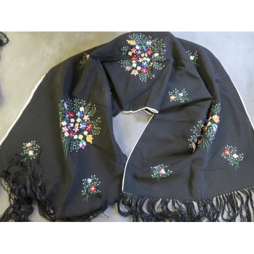 531 - A VINTAGE EMBROIDERED PIANO SHAWL WITH EXTENSIVE FLORAL EMBELLISHMENT, together with a later contras... 