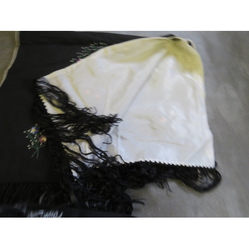 531 - A VINTAGE EMBROIDERED PIANO SHAWL WITH EXTENSIVE FLORAL EMBELLISHMENT, together with a later contras... 