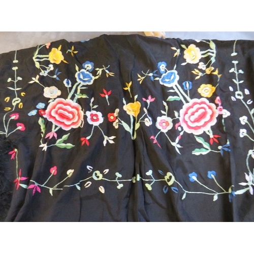 531 - A VINTAGE EMBROIDERED PIANO SHAWL WITH EXTENSIVE FLORAL EMBELLISHMENT, together with a later contras... 