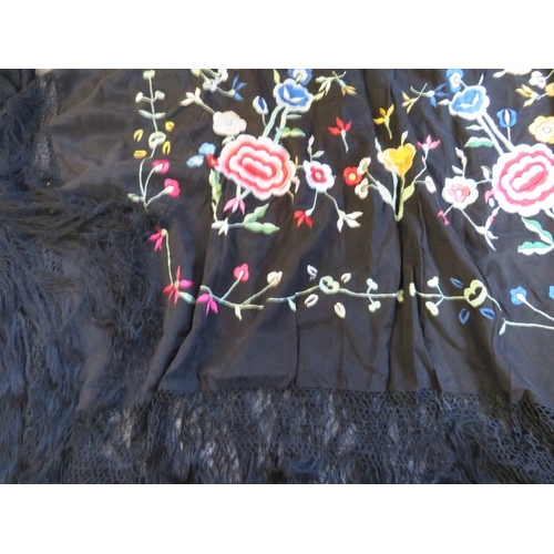 531 - A VINTAGE EMBROIDERED PIANO SHAWL WITH EXTENSIVE FLORAL EMBELLISHMENT, together with a later contras... 