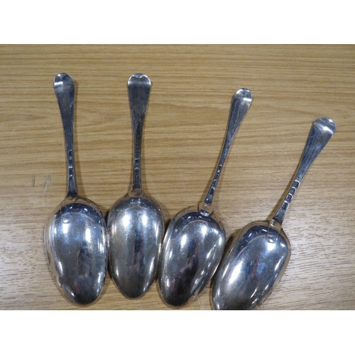 835 - FOUR MID 18TH CENTURY HANOVARIAN TYPE HALLMARKED SILVER TABLESPOONS, various dates and makers, appro... 