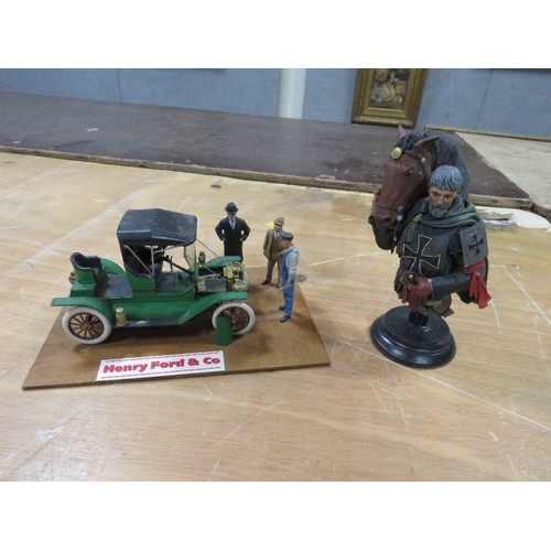 361 - Three plastic models to include a Ford Popular diorama, a large German U-boat and a knight with hors... 