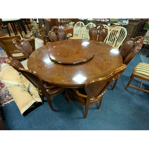 792 - A large reproduction Italian style circular pedestal table with lazy susan and six chairs