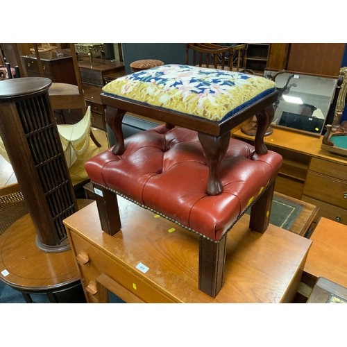 811 - A leather foot stool together with a small stool and a retro mirror. (3)