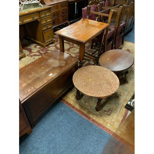 821 - A oak barleytwist table, copper top table, oak blanket box and a small oval table. (4)