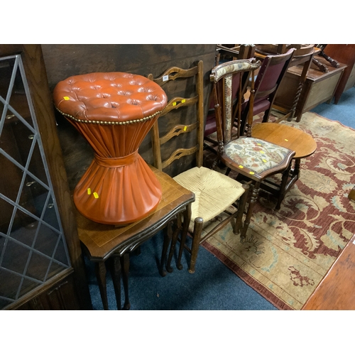 829 - An oak wicker seat chair together with an Art Nouveau chair, oak table, upholstered stool and a nest... 