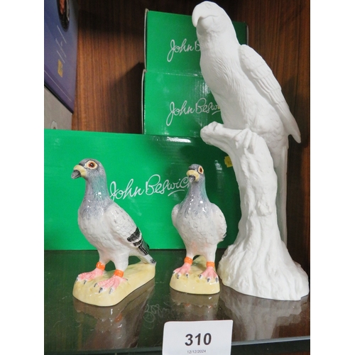 310 - Two modern John Beswick pigeons together with a John Beswick parrot