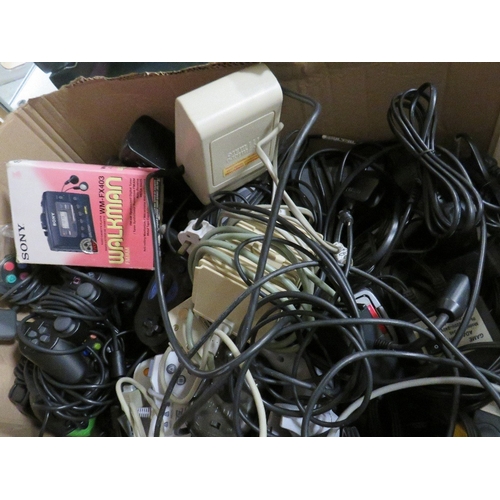 316 - Large box full of computing hand held controllers, leads etc together with a boxed Sony Walkman