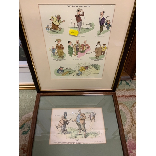 24 - An oak framed highland print together with a cricketing print and two golf prints. (4)