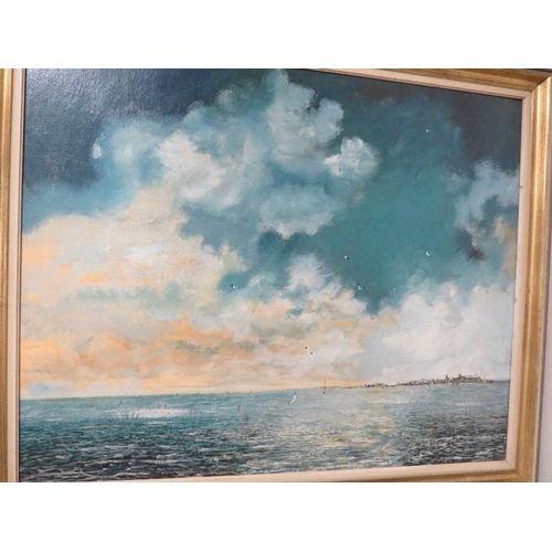 31 - Four pictures to include a large oil on board of a seaside scene, two floral oils on board signed Ro... 