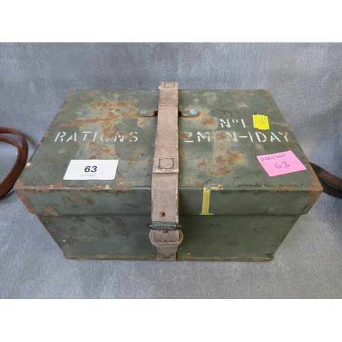 63 - THREE MILITARY ENAMEL WATER BOTTLES, together with a metal ration box (4)