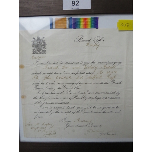 92 - WWI MEDAL CERTIFICATE, issued to casualty PTE John Cooper 4th Suffolk Regt. No 201133 (entitled to B... 