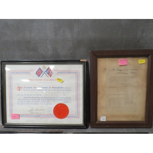 121 - A FRAMED GLOUCESTERSHIRE TERRITORIAL FORCE ASSOCIATION SYMPATHY SCROLL, named to 260221 PTE F. BAILE... 