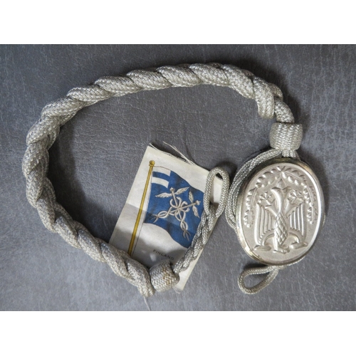 176 - TWO FINNISH CUSTOMS WHITE METAL LONG SERVICE BADGE, a post war German marksman lanyard and a boxed s... 