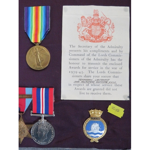 185 - WW1 / WW2 CASUALTY MEDAL GROUP TO LT JOHN WHITCOMB RNVR, consisting of WW1 victory (Named to him as ... 