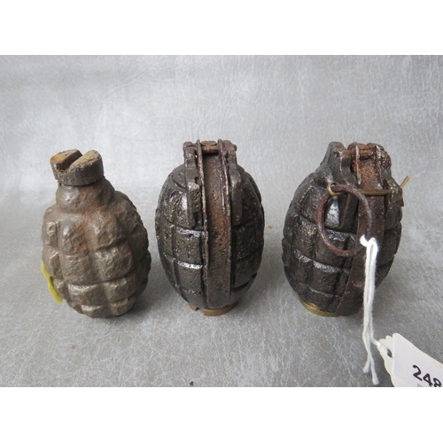 248 - TWO MILLS BOMB GRENADES, dated 1916 A/F, along with another grenade, all A/F, all inert (3)