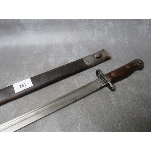 261 - A BRITISH 1907 PATTERN BAYONET, with issue mark 3 18, with plain wooden grip, makers mark for Wilkin... 