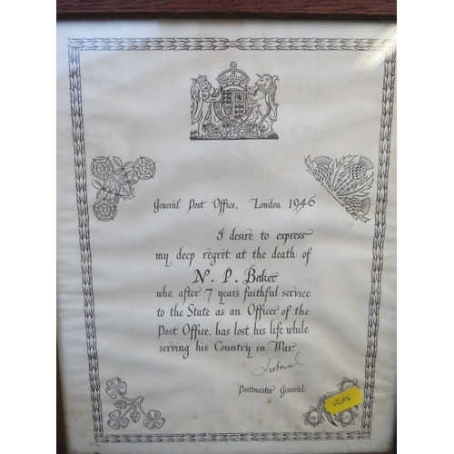 336 - A FRAMED WW2 MEMORIAL SCROLL FOR FLIGHT SGT. PERCY BAKER RAF, issued 1946 by the GPO, along with a g... 